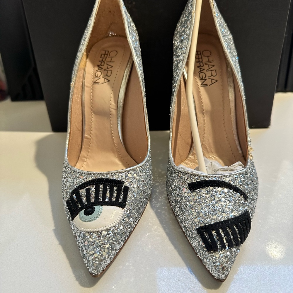 Chiara Ferragni Silver Glitter Heels in sz 38 BNIB